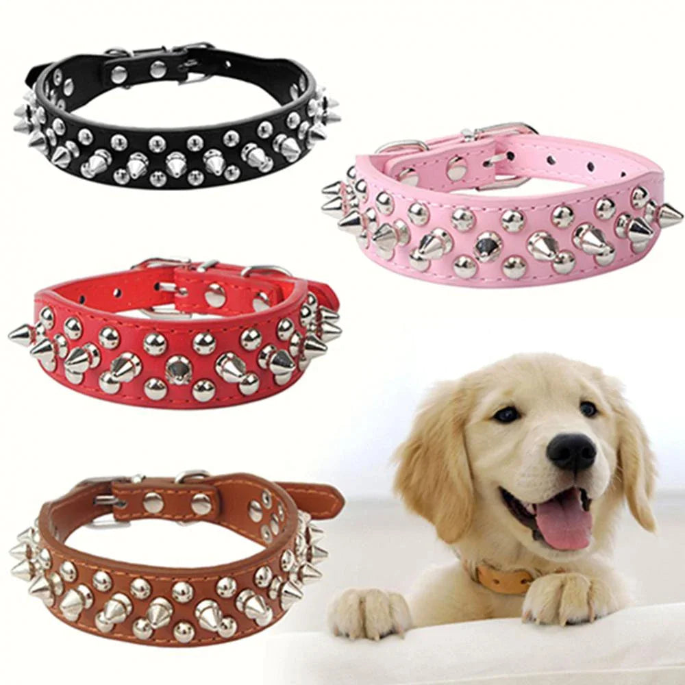 Spiked Studded Leather Dog Collar – Adjustable for Small & Large Pets