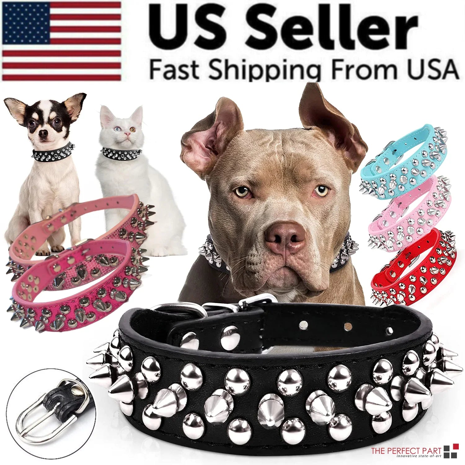 Spiked Studded Leather Dog Collar – Adjustable for Small & Large Pets