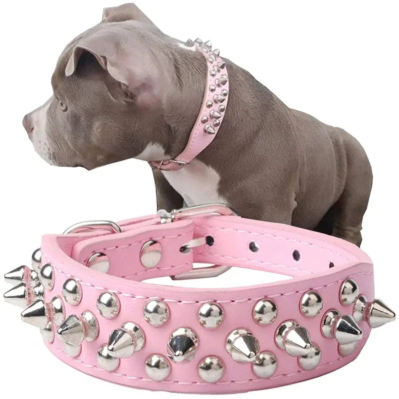 Spiked Studded Leather Dog Collar – Adjustable for Small & Large Pets