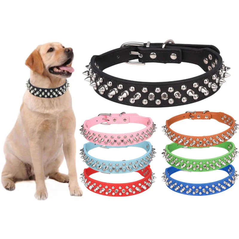 Spiked Studded Leather Dog Collar – Adjustable for Small & Large Pets