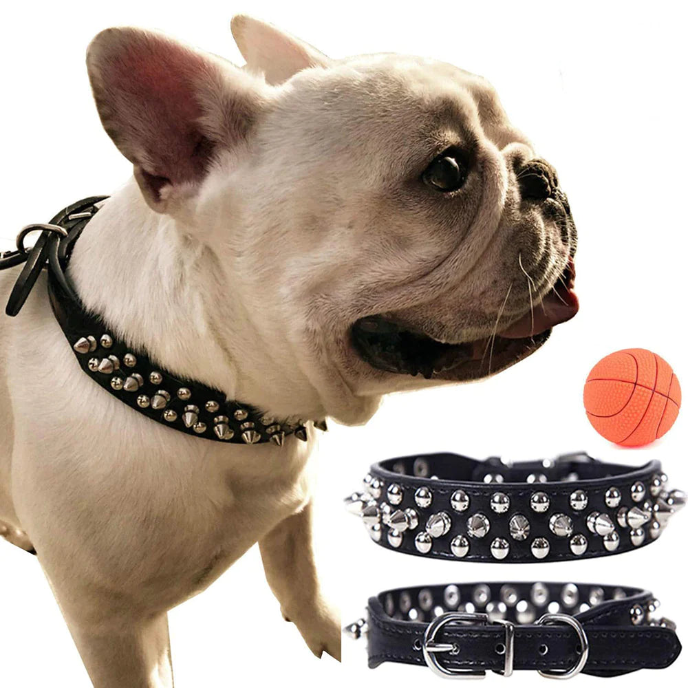 Spiked Studded Leather Dog Collar – Adjustable for Small & Large Pets
