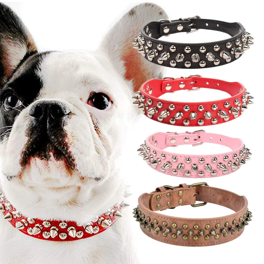 Spiked Studded Leather Dog Collar – Adjustable for Small & Large Pets