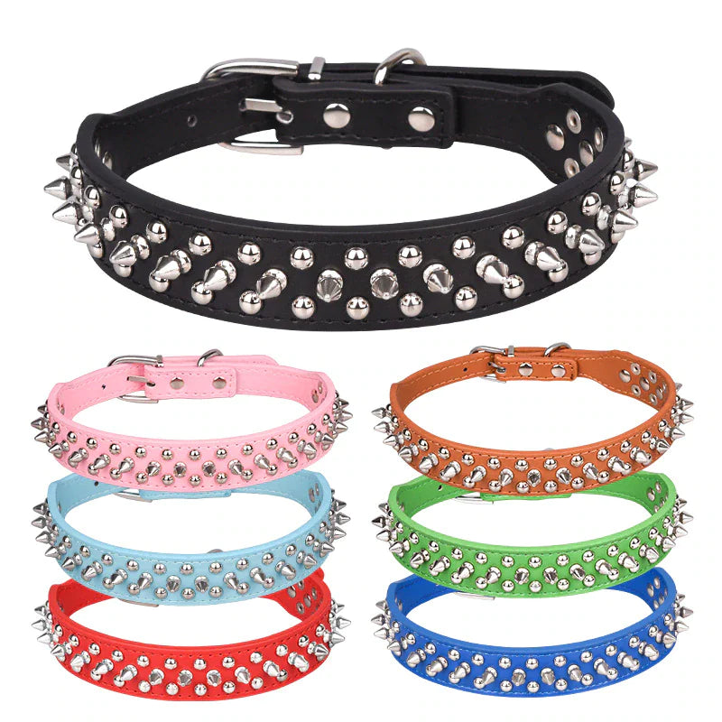 Spiked Studded Leather Dog Collar – Adjustable for Small & Large Pets